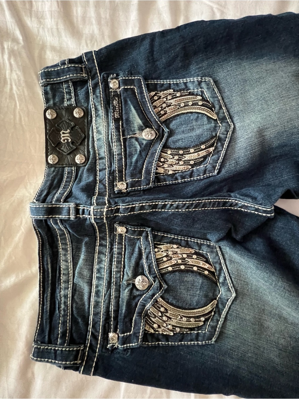 Miss Me Dark Blue Bootcut Jeans with Embellished Back Pockets